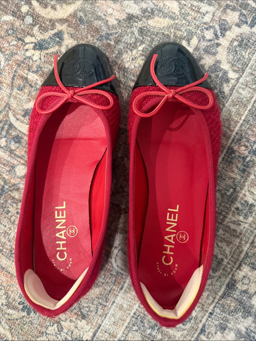 CHANEL Red Ballet Flats with Black Patent Cap Toe